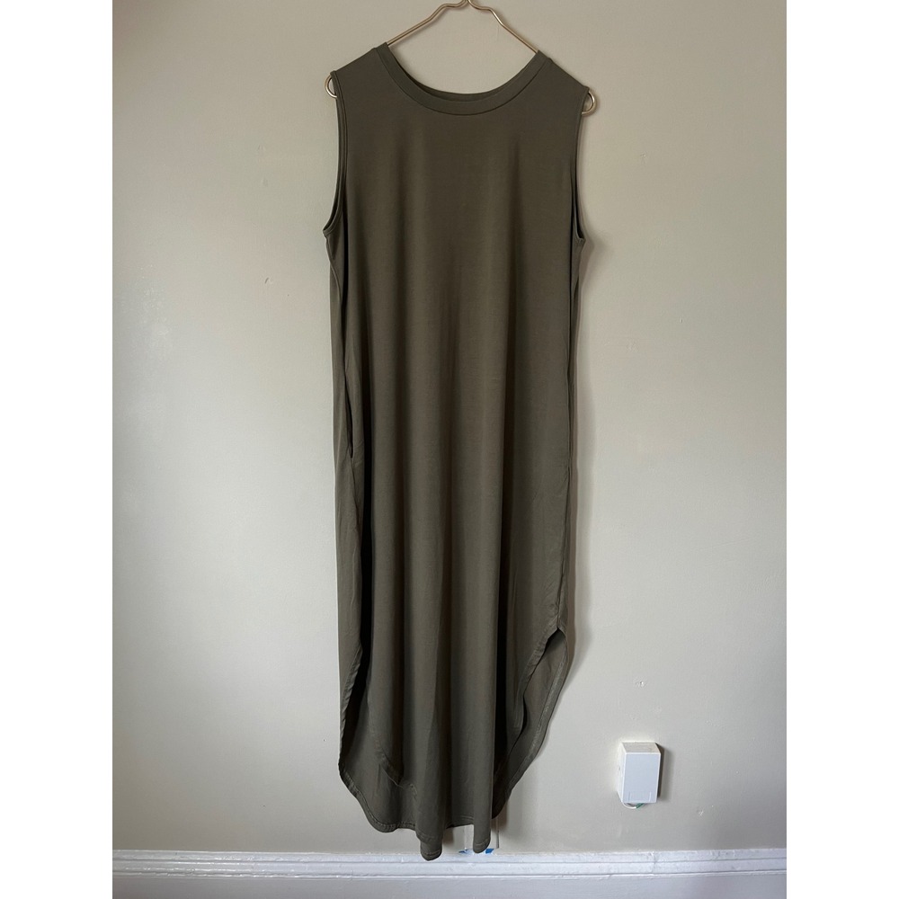 Anrabess Womens Olive Green Sleeveless Midi Dress Boho High Low Hem Pockets L